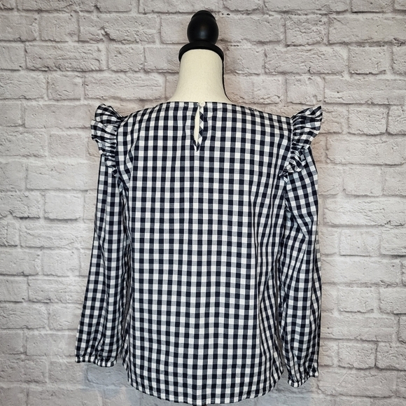 J Crew Top Blue White Plaid Long Sleeve Ruffle Shoulder Keyhole Back Size S - Picture 6 of 9